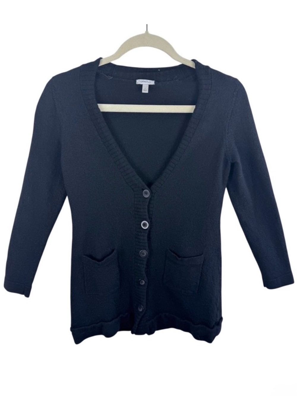 Semantiks Merino Wool Black Button Front V-Neck 3/4 Sleeve Cardigan Sweater Sz L